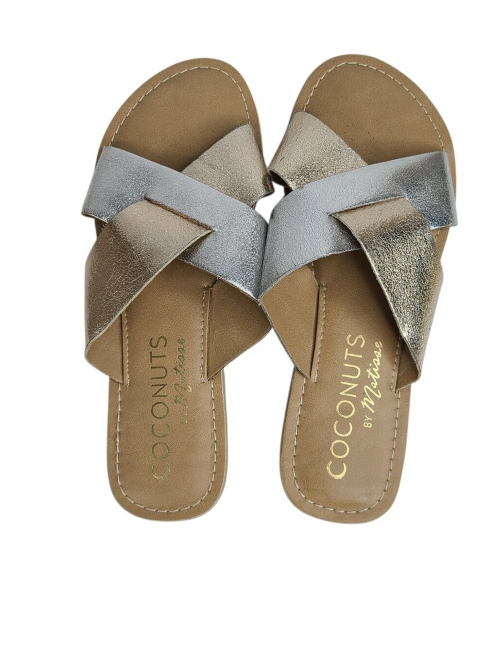 Coconuts by Matisse Metallic Crisscross Slide Sandals in Silver & Gold Women's 7